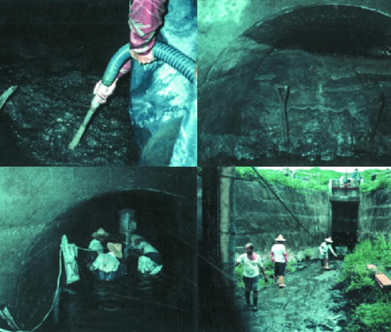 北港溪倒虹吸工因淤積嚴重，進行清淤與疏濬作業。 照片提供者：臺灣省政府建設廳．臺灣省雲林農田水利會，《北水南引》，頁28-29。