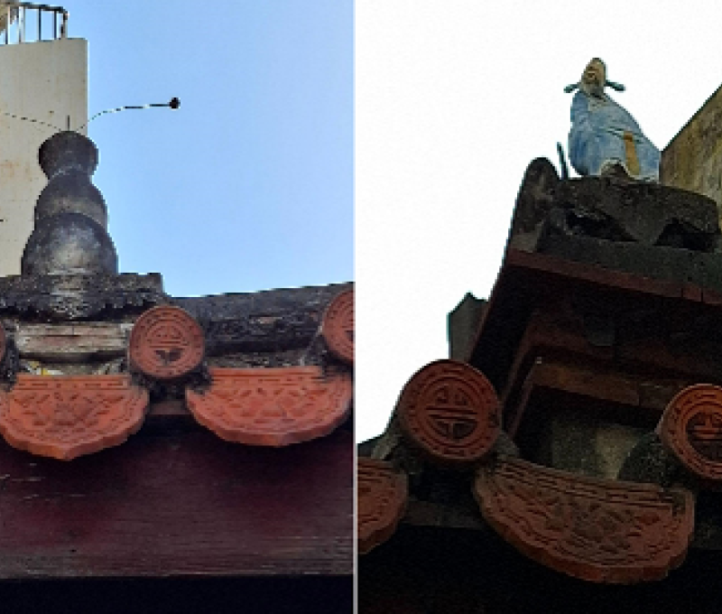 屋脊中央的葫蘆造型、剪貼與泥塑裝飾。（照片提供者：地理系蔡婉儀）