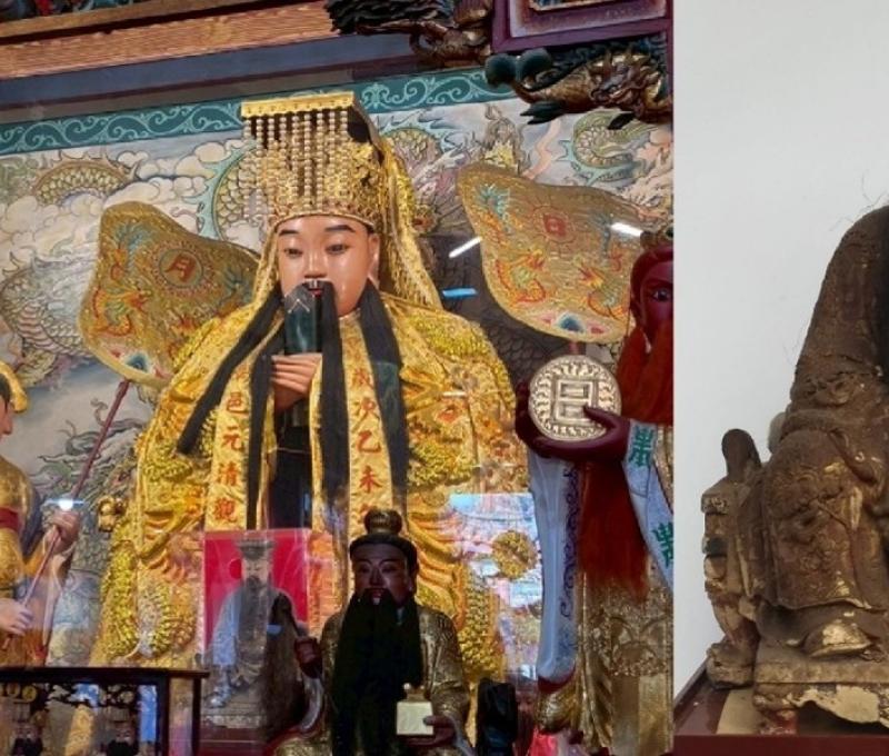 右圖為2021.11.24玉帝古神像剛從腹中請出修復前貌
（照片提供者：左:英語系碩士班巫宜臻、特教系碩士班林承逸；右:歷史所李華彥）