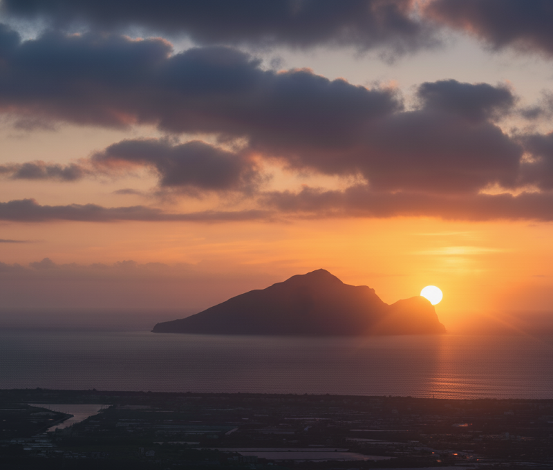 佛光大學遠眺龜嶼銜日（照片提供者：劉慶適、釋慧緣、蔡嘉朗 / 拍攝日期：2025.10.31）