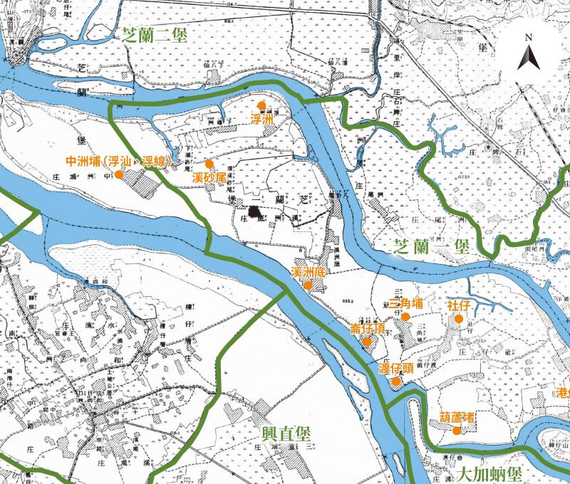 社子島聚落位置。／資料來源：毛毓翔製圖，底圖為〈臺灣堡圖〉（1904），《臺灣百年歷史地圖》，中央研究院人社中心GIS專題中心。《島都之河》，頁228。