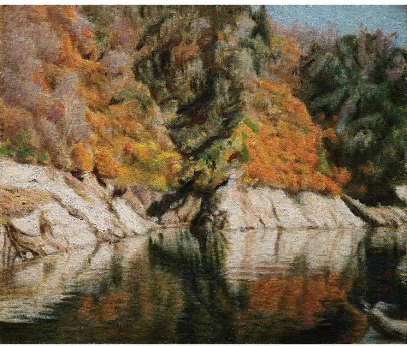 李梅樹在日本畫的小幅奧只見湖。/提供者：李梅樹紀念館