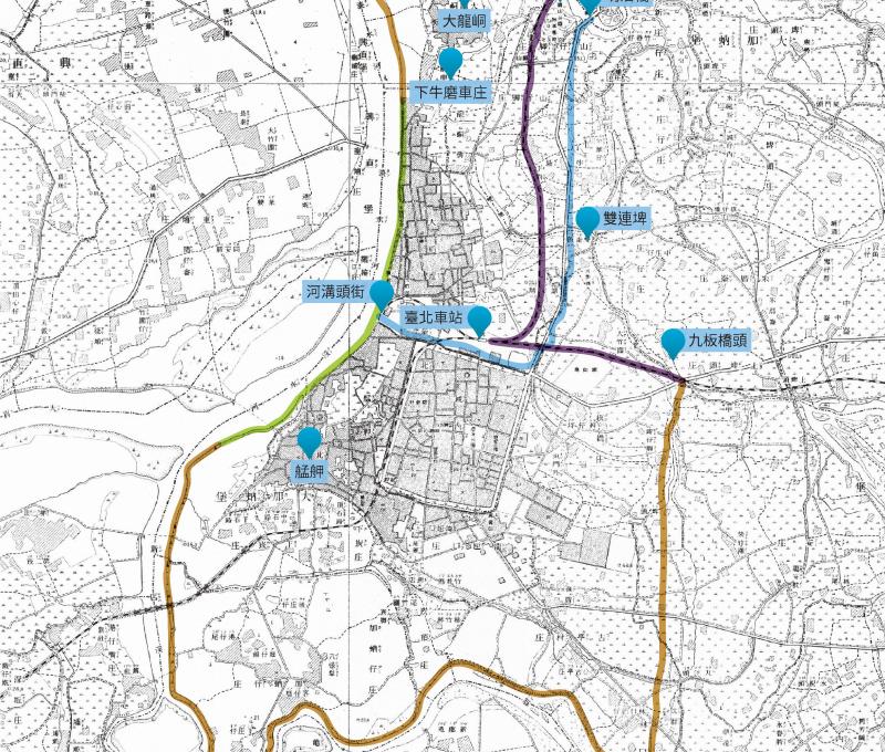 十川嘉太郎規劃之臺北輪中治水方案。資料來源：簡佑丞標示，底圖為〈臺灣堡圖〉（1904），《臺灣百
年歷史地圖》，中央研究院人社中心GIS專題中心。
