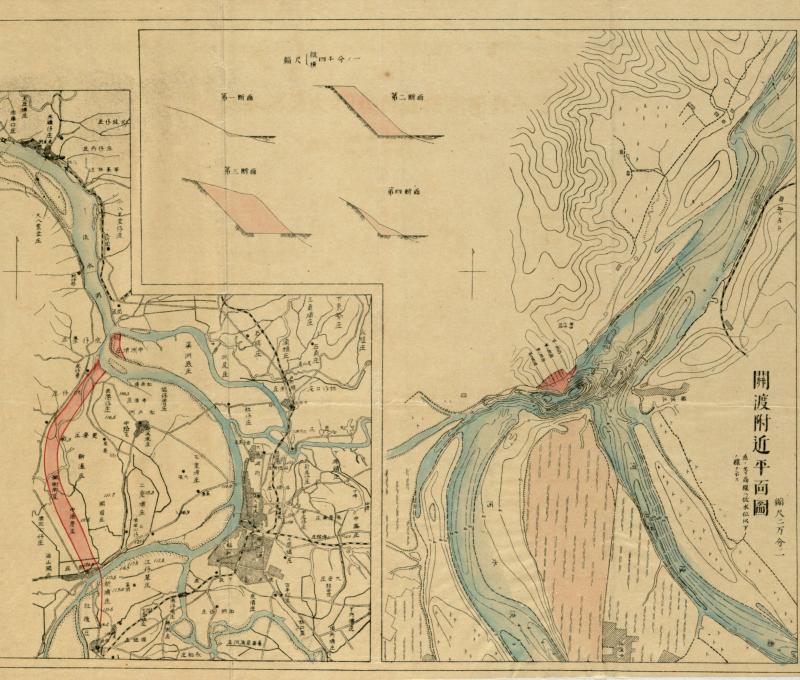 十川嘉太郎研究之關渡拓寬（右）與大嵙崁溪分流（左）規劃設計圖。資料來源：《淡水河ノ洪水ニ関スル調查》（1913年4月），經濟部水利署水利規劃分署典藏，典藏號：WRPI00073。