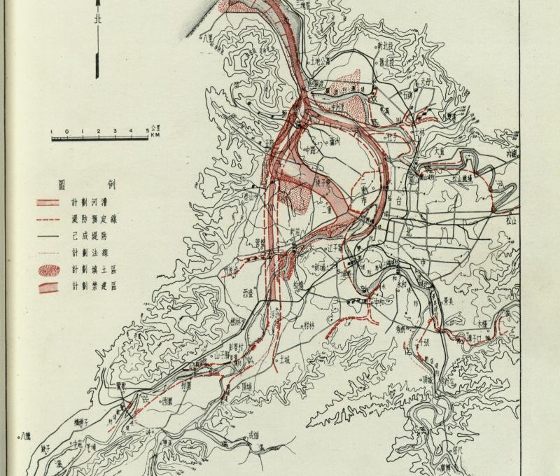 《淡水河防洪治本計畫書》中的丙案規劃建議。資料來源：行政院臺北地區河川防洪計畫審核小組，《行政院臺北地區河川防洪計畫審核小組總報告》（1964年10月）。