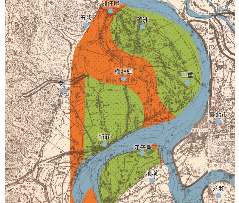 1968年公告的淡水河洪水平原一級與二級管制區。資料來源：毛毓翔製圖，參考〈行政院會議議事錄　臺第五○一冊一六八○至一六八二〉（1980年5月15日），《行政院》，國史館典藏，典藏號：014-000205-00528-002，底圖為〈臺灣省水利工程、水文站及基準圖位置圖〉（1966），《臺灣百年歷史地圖》，中央研究院人社中心GIS專題中心。