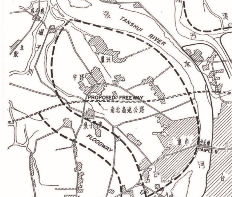 水資會工作小組建議的疏洪道第二案，即後來的二重疏洪道（標示「FLOODWAY」處）。資料來源：經濟部水資源統一規劃委員會，《臺北地區防洪計畫檢討報告》（1970年6月），頁61。