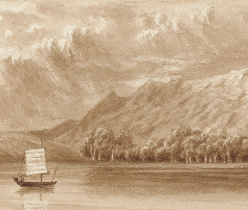 柯靈烏手繪〈福爾摩沙西北部淡水附近觀音山〉。資料來源：國立臺灣歷史博物館典藏。
