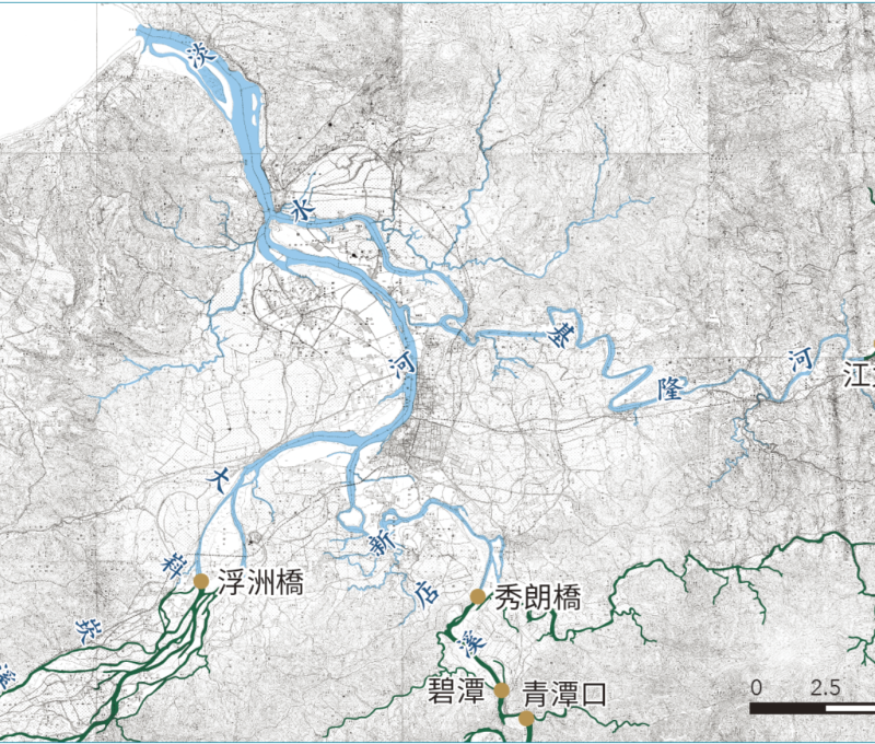 淡水河流域感潮河段範圍與碧潭、青潭相對位置／資料來源：：李宗信製圖，底圖為〈臺灣堡圖〉（1904），《臺灣百年歷史地圖》，中央研究院人社中心GIS專題中心。顧雅文、李宗信、簡佑丞，《島都之河》（臺中：經濟部水利署水利規劃分署，2025），頁81。