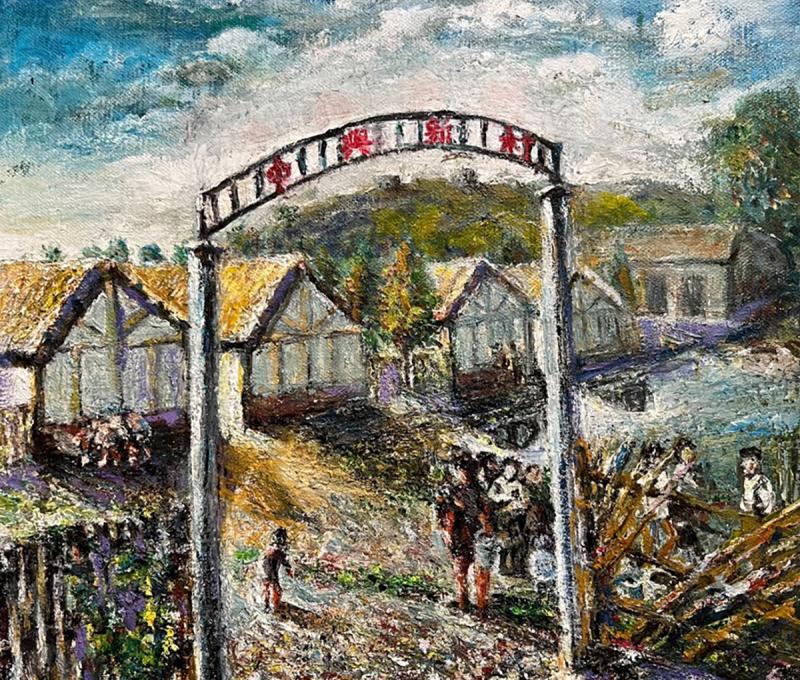 陳崇環畫出中興莊用茅竹當主樑、茅草屋頂，隔壁用石灰建成的竹籬笆草屋。(照片提供：陳崇環)