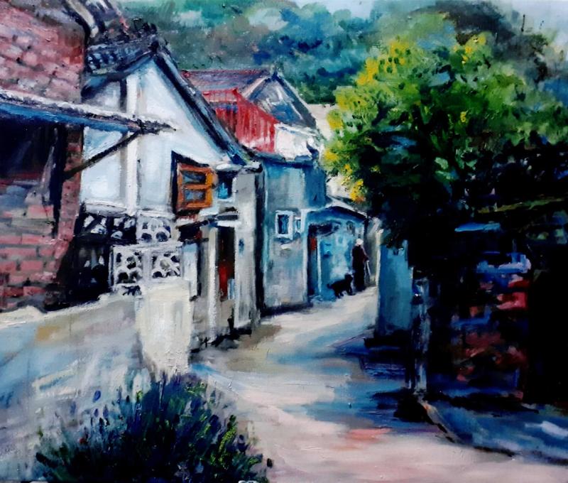 常連芳疫情期間開始彩繪中興莊，畫下對父執輩的思念和敬仰。(翻攝：常連芳畫作)