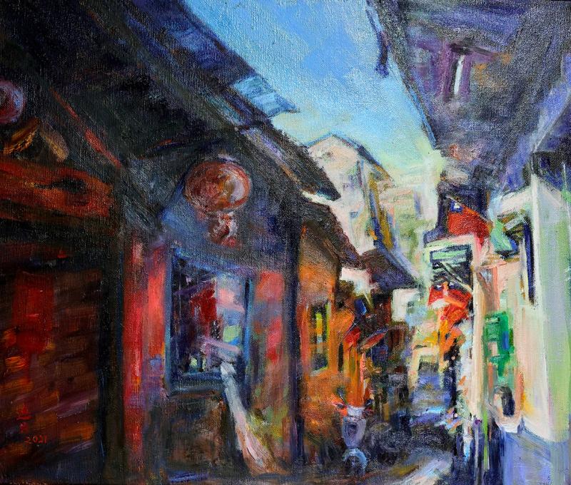 中興莊眷戶具有深厚國家意識，常連芳畫出家戶國旗飄揚的風景。(翻攝：常連芳畫作)